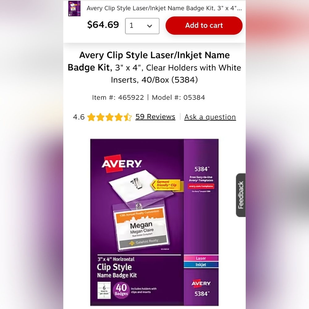 Avery Clip Style Laser/Inkjet Name Badge Kit, 3" x 4", Clear Holders with White